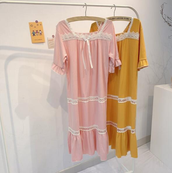 大人気 パジャマワンピース パジャマ 春夏 レディース ワンピース ワンピ ルームウェア レディース 部屋着 ナイトウェア 寝巻き ランジェリー ボーダー 五分袖ワンピース 可愛い 大人気 パジャマ レース付き 上品感 透け感あり M L Xl ロング丈 2色選択可 Marcsdesign Com