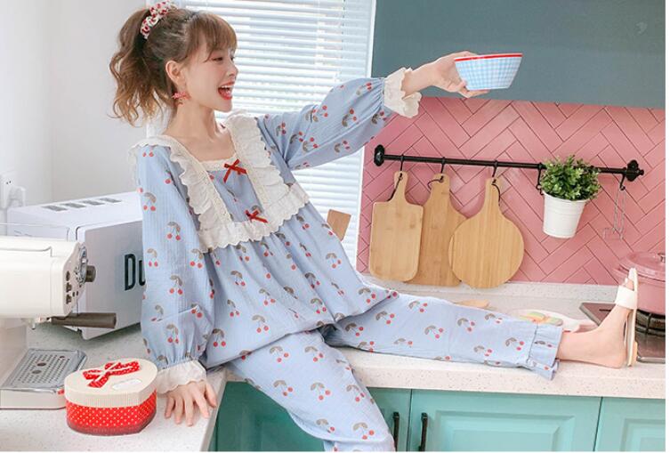 品質良い 秋春 超可愛い パジャマ レディース 姫系 ネグリジェ 長袖スクエアネック ルームトップス 長パンツ 寝巻き ナイトウエア 部屋着 女性 ゆったり 少女 送料込 ランジェリー Pajama セットアップ 寝間着 冷房対策 2点セット M L 純綿 ピンク ブルー Marcsdesign Com