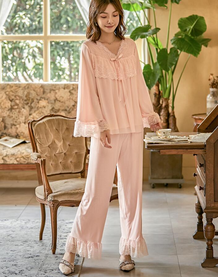 送料込 秋春 超可愛い パジャマ レディース 姫系 ネグリジェ 長袖vネック レース ルームトップス 長パンツ 寝巻き ナイトウエア 部屋着 女性 ゆったり 少女 送料込 ランジェリー Pajama セットアップ 寝間着 冷房対策 2点セット 3色 Educaps Com Br