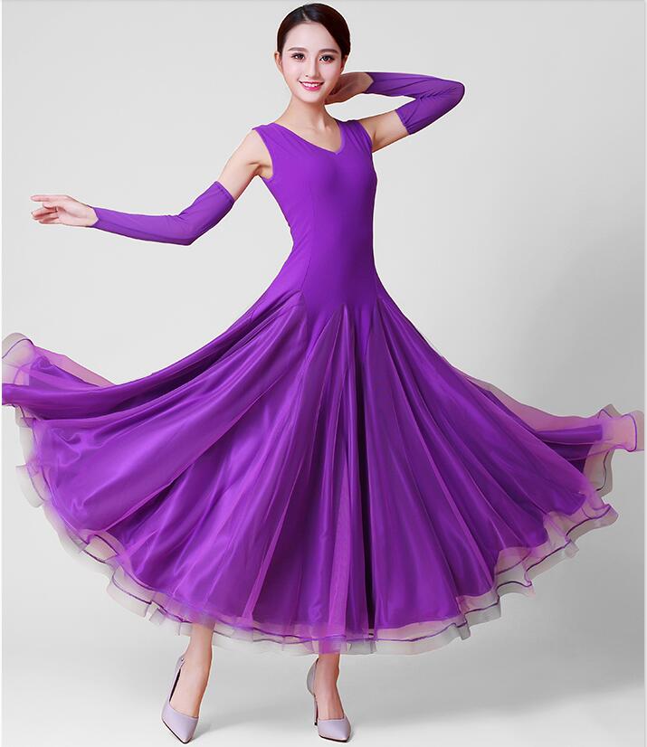 社交ダンス専用ダンス ドレス 上品 ワルツドレス 演出服競技用 ドレス 人気 人気 優雅 新作 エレガント ドレス ステージ衣装 踊りドレス イベント服スタンダードダンス 舞台 袖あり 無地 S M L Xl マキシ丈ワンピース ダンスウエア 大きい裾 練習着 パープル Huayu店