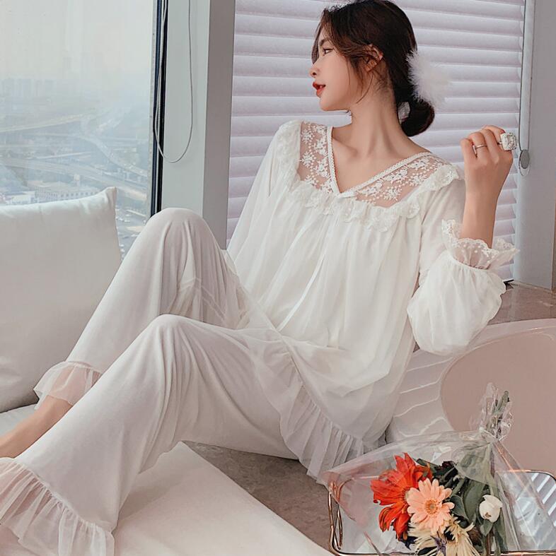 秋春夏 超可愛い パジャマ レディース 姫系 ネグリジェ 長袖 ロマンティック ルームトップス ロング丈パンツ 寝巻き ナイトウエア 部屋着 女性 ゆったり 少女 送料込 ランジェリー Pajama セットアップ 寝間着 2点セット 薄手 レース ホワイト Marcsdesign Com