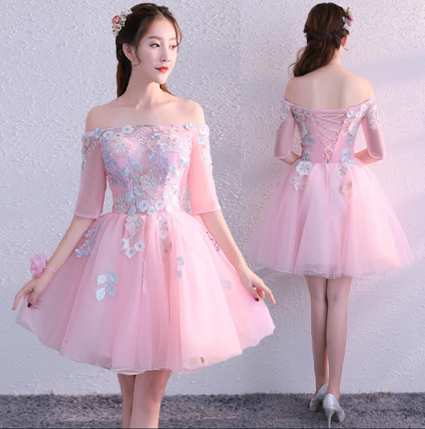 超可愛い パーティードレス イブニングドレス 披露宴 二次会 演奏会 ウエディングドレス 成人式 花嫁 着痩せ 結婚式 フォーマル プリンセス ピアノ ミニドレス 送料無料 ブライズメイドドレス 夏秋 Aライン 編み上げ Xs 2xl オフショルダー カラードレス ピンク 花柄