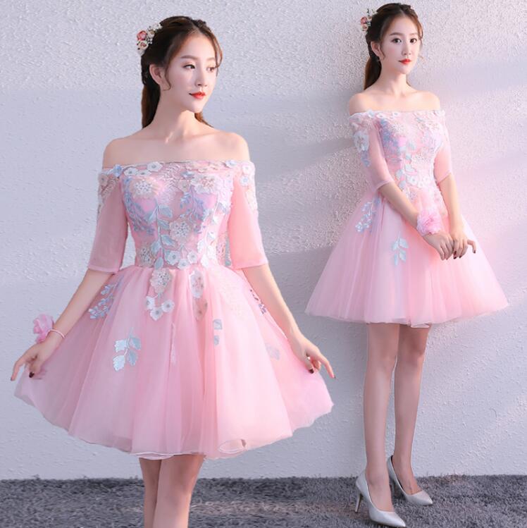 超可愛い パーティードレス イブニングドレス 披露宴 二次会 演奏会 ウエディングドレス 成人式 花嫁 着痩せ 結婚式 フォーマル プリンセス ピアノ ミニドレス 送料無料 ブライズメイドドレス 夏秋 Aライン 編み上げ Xs 2xl オフショルダー カラードレス ピンク 花柄