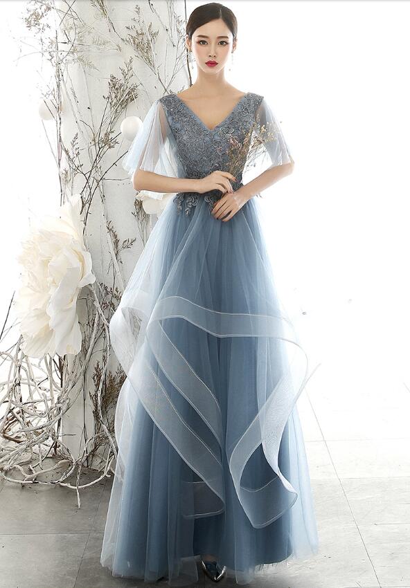 お呼ばれ 上品 ロングドレス 演奏会ドレス パーティードレス ウェディングドレス 結婚式 二次会 着痩せ イブニングドレス ブライダル マキシ丈 ワンピース Xs S M L Xl 2xl お嬢様 ステージ 衣装 カラードレス コンサート 発表会 5分袖 お揃い 青灰色 ネック Sittingseat Com