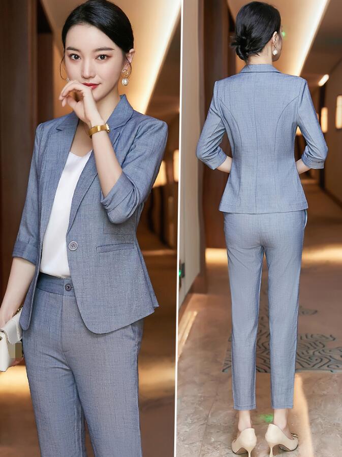 楽天市場 送料無料 洗えるスーツ 2点セット レディース 着痩せ Ol 通勤 フォーマル 卒業式 結婚式 二次会 女性 代30代40代 成人式 7分袖コート パンツ S M L Xl 2xl 3xl 4xl パンツスーツ カジュアル フォマール 一つボタンスーツ 夏秋 グレー グリーン 薄手 Huayu