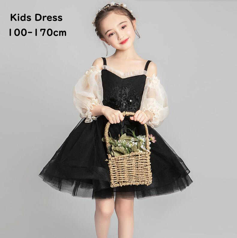 【送料無料】 キッズドレス ショート丈黒ワンピース ブラック 100-170cm 子供ドレス 女児ドレス ピアノ発表会 ドレス プリンセスドレス キャミドレス 七五三 ジュニアドレス バイオリン コンクール 披露宴 結婚式 フォーマルドレス 演奏会 子どもドレス ジュニアドレス