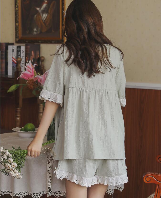 上品 新作 パジャマセット パジャマ 前開き 夏秋 半袖 パジャマ レディース ルームウェア ジュニア パジャマ ショートズボン 旅行用 上下セット 部屋着 可愛い 無地 薄手 純綿 M L Xl ネック レース Letempslev K7a Com