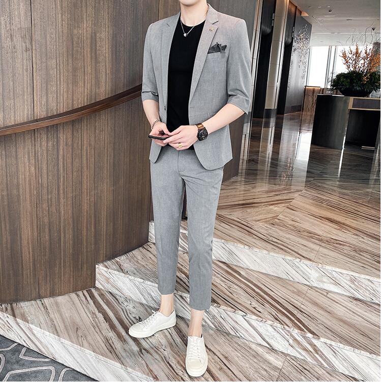 メンズスーツ 高品質 カッコイイ 2ピーススーツ スタイリッシュスーツ 7分袖ジャケット 9分丈パンツ 二次会 紳士服 ビジネス 卒業式 新社会人結婚式 3色 メンズピーススーツ リクルート 一つボタンスーツ 7分袖ジャケット 9分丈パンツ 入学式 卒業式 送料無料 冠婚葬祭