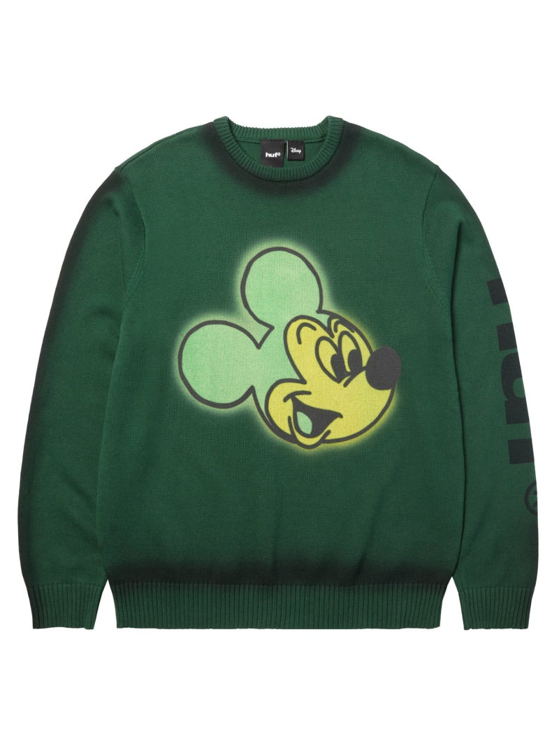 MICKEY SPRAY CREWNECK SWEATER / HUF ミッキーコラボ セーター ニット HUF ハフ トップス ニット グリーン【送料無料】[ Fashion]
