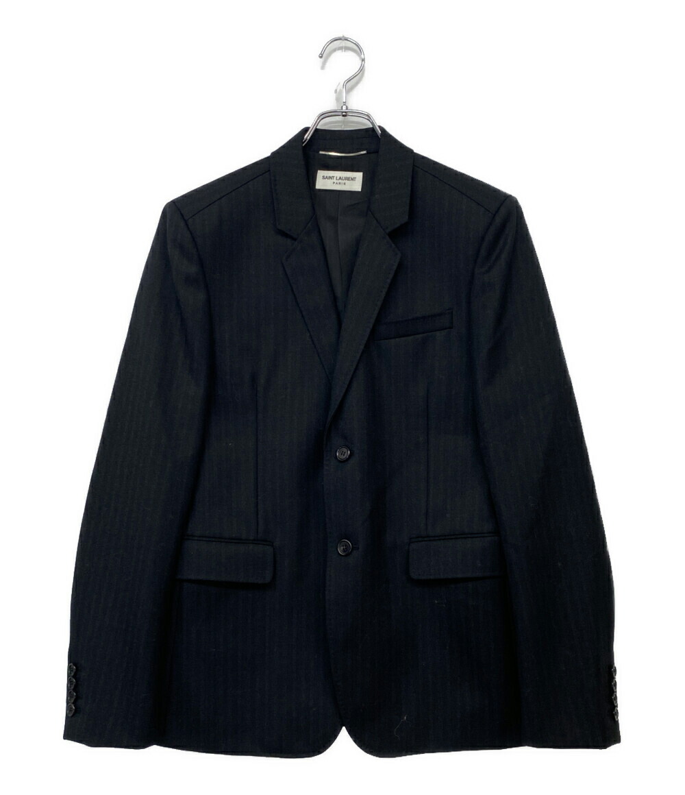 サンローラン 46 ボタン ジャケット 肘パット付 黒系 メンズ Saint Laurent Paris (サンローランパリ) チョークストライプ ダブルブレスト テーラードジャケット ネイビー サイズ:46