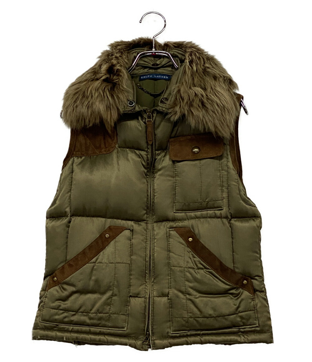 ラルフローレン 襟ファー レザー スエード切替え ダウンベスト グリーンブラウン ラルフローレン 襟ファー レザー スエード切替え ダウンベスト