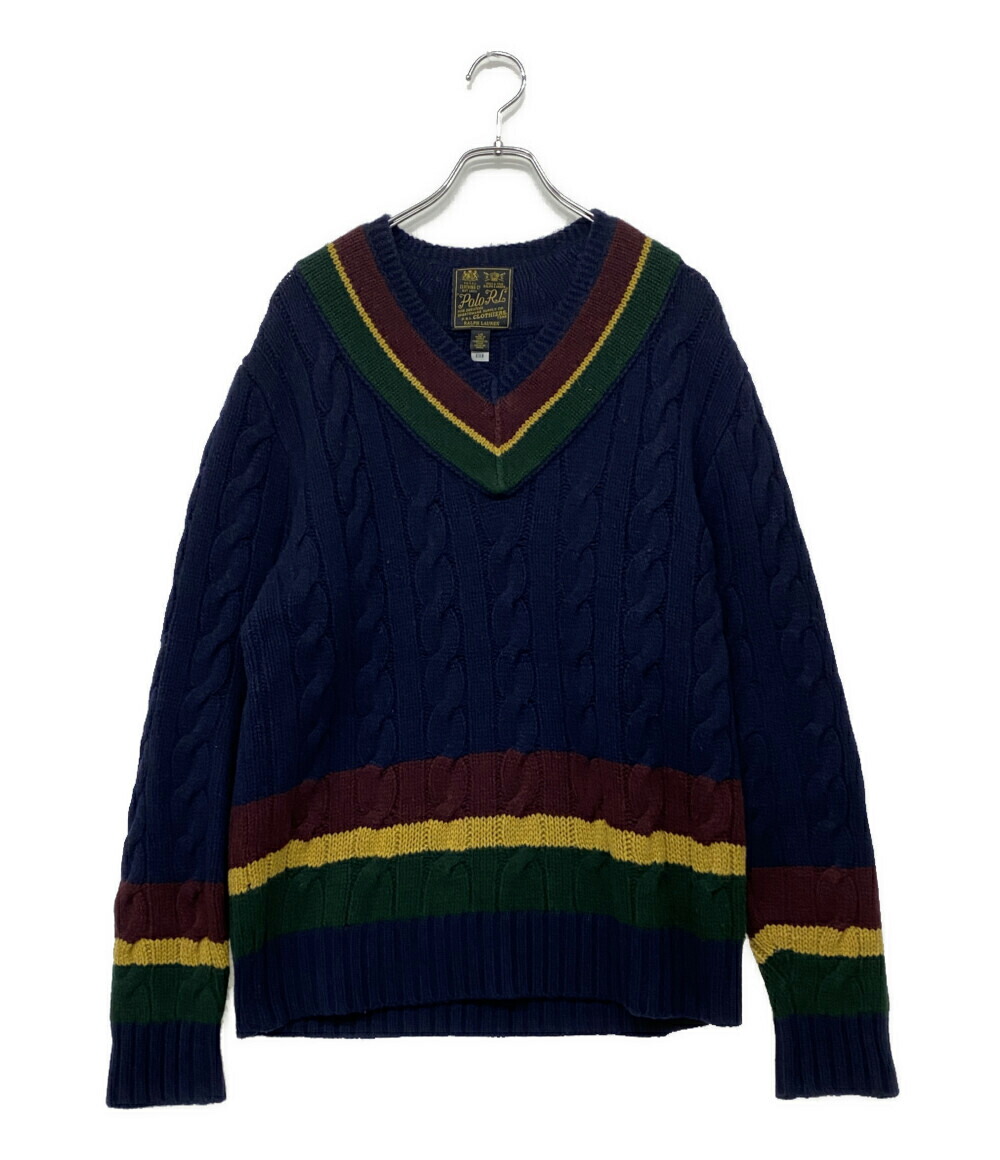 【中古】 ポロ・ラルフローレン V素っ首編み物 CABLE KNIT WOOL CASHMERE CRICKET メンズ SIZE L POLO RALPH LAUREN