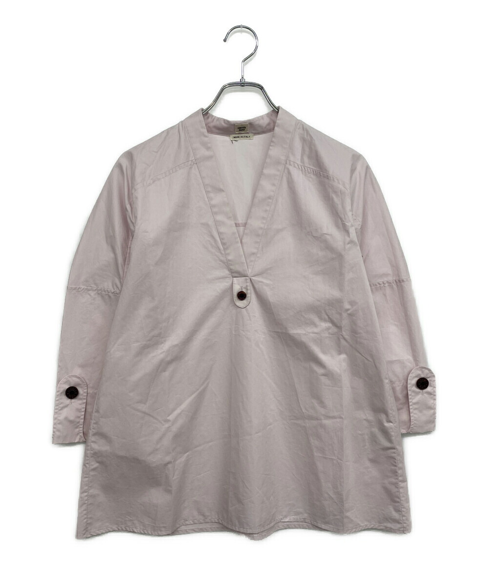 【中古】美品 エルメス 長袖シャツ シャツ Vネック セリエボタン PINK コットン100 レディース SIZE 34 HERMES