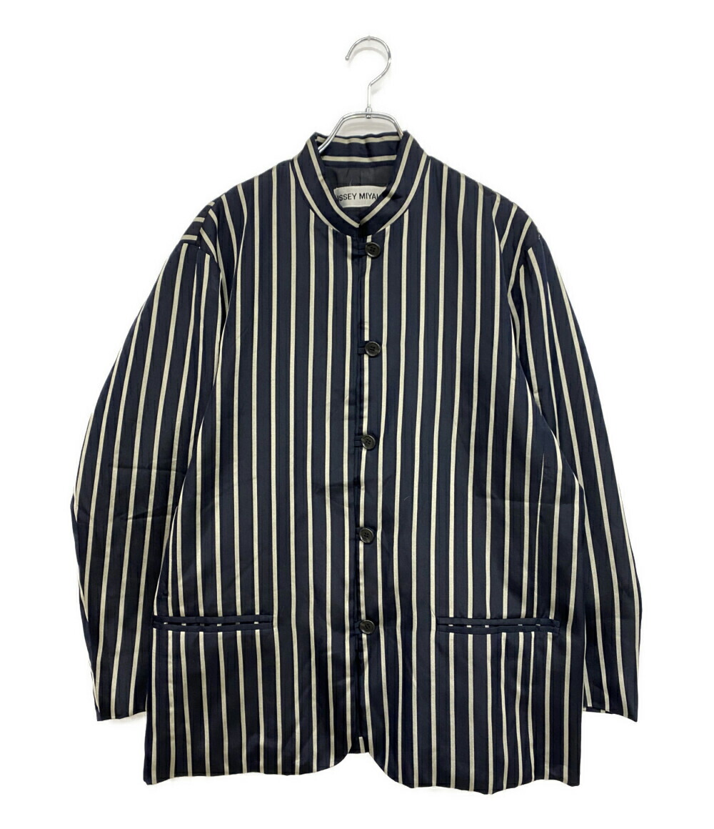 【中古】 イッセイミヤケ ストライプジャケット 銀タグ ネイビー 90s IM13-FD040 レディース SIZE L ISSEY MIYAKE|Rehello by BOOKOFF