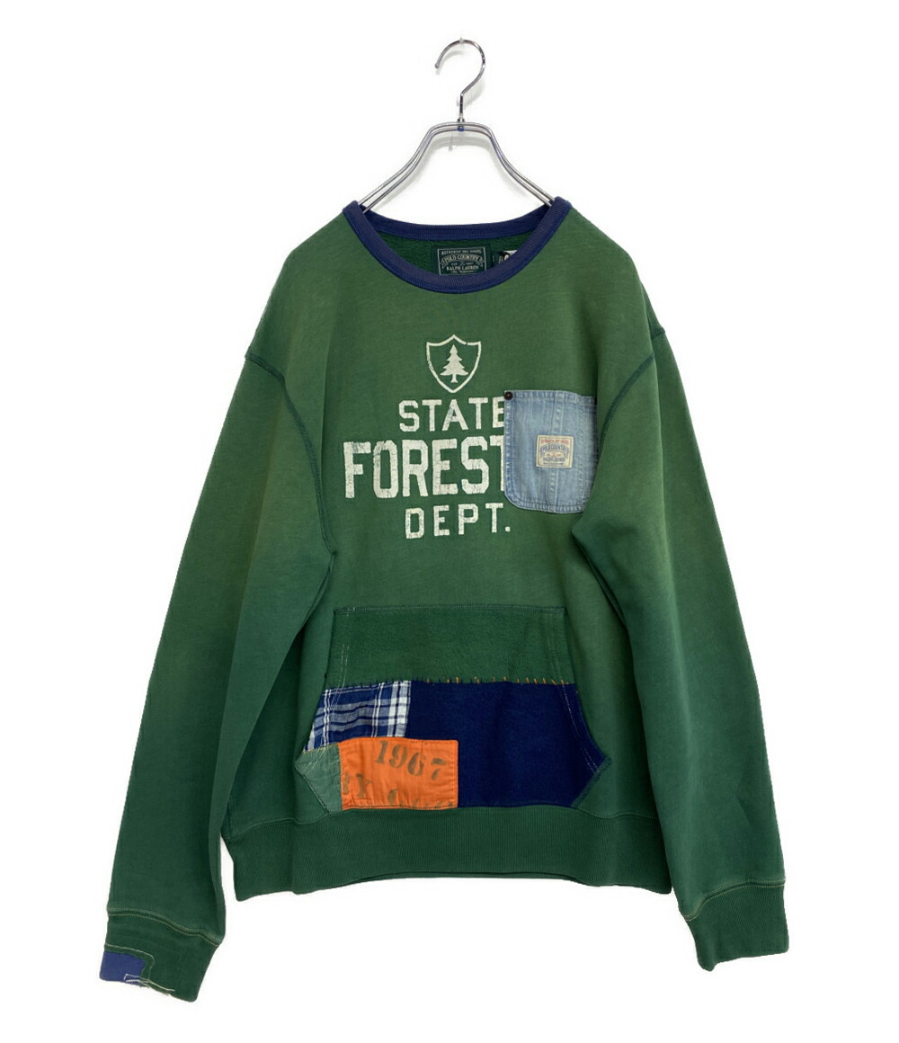 【中古】美品 ポロ・ラルフローレン 汗水 COUNTRY PATCHWORK FLEECE SWEAT GRN メンズ SIZE L POLO RALPH LAUREN