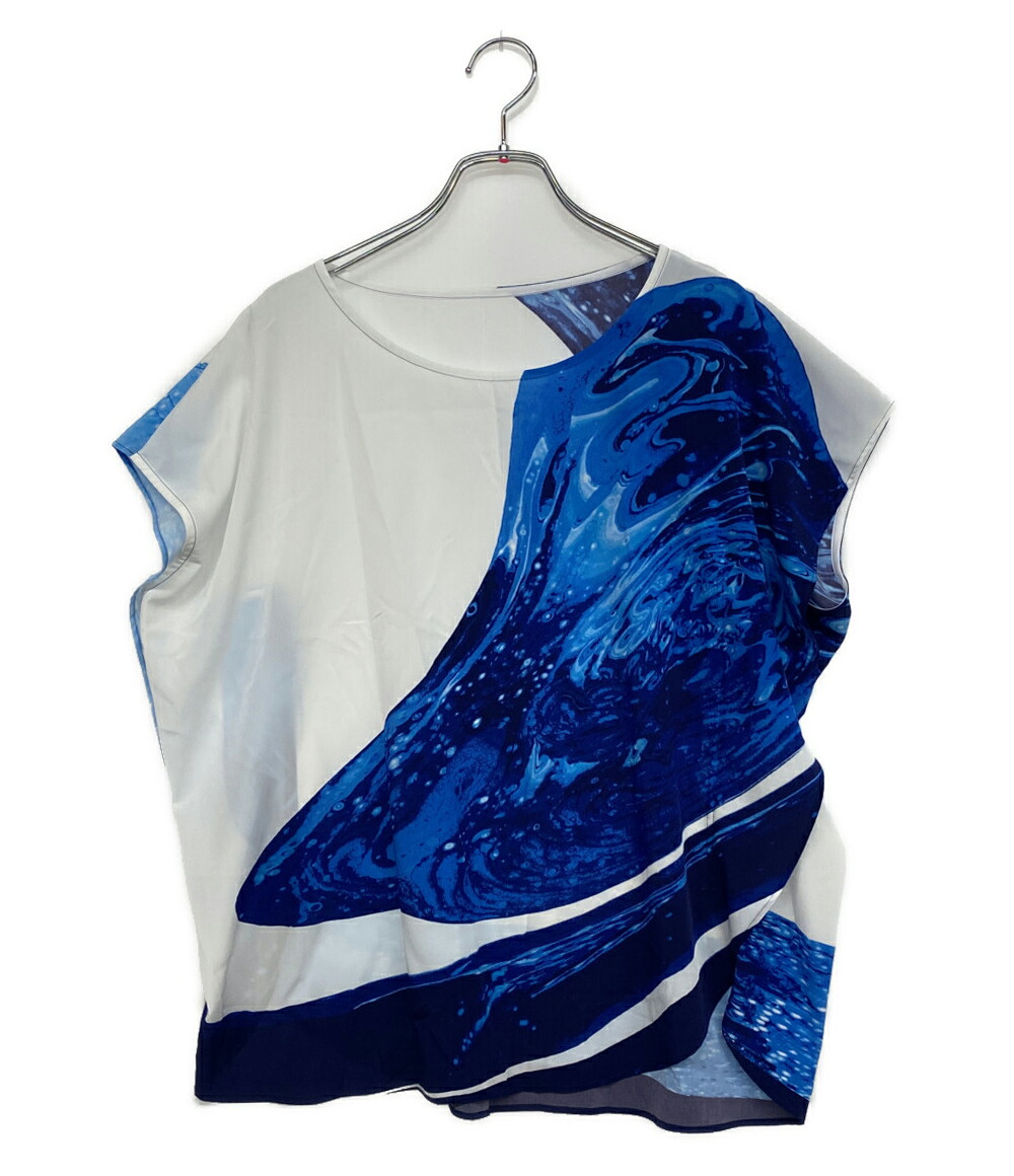 【中古】 イッセイミヤケ フレンチ捩りＴシャツ 青色大理石 白いこと  IM51FJ008 レディース SIZE 2 ISSEY MIYAKE