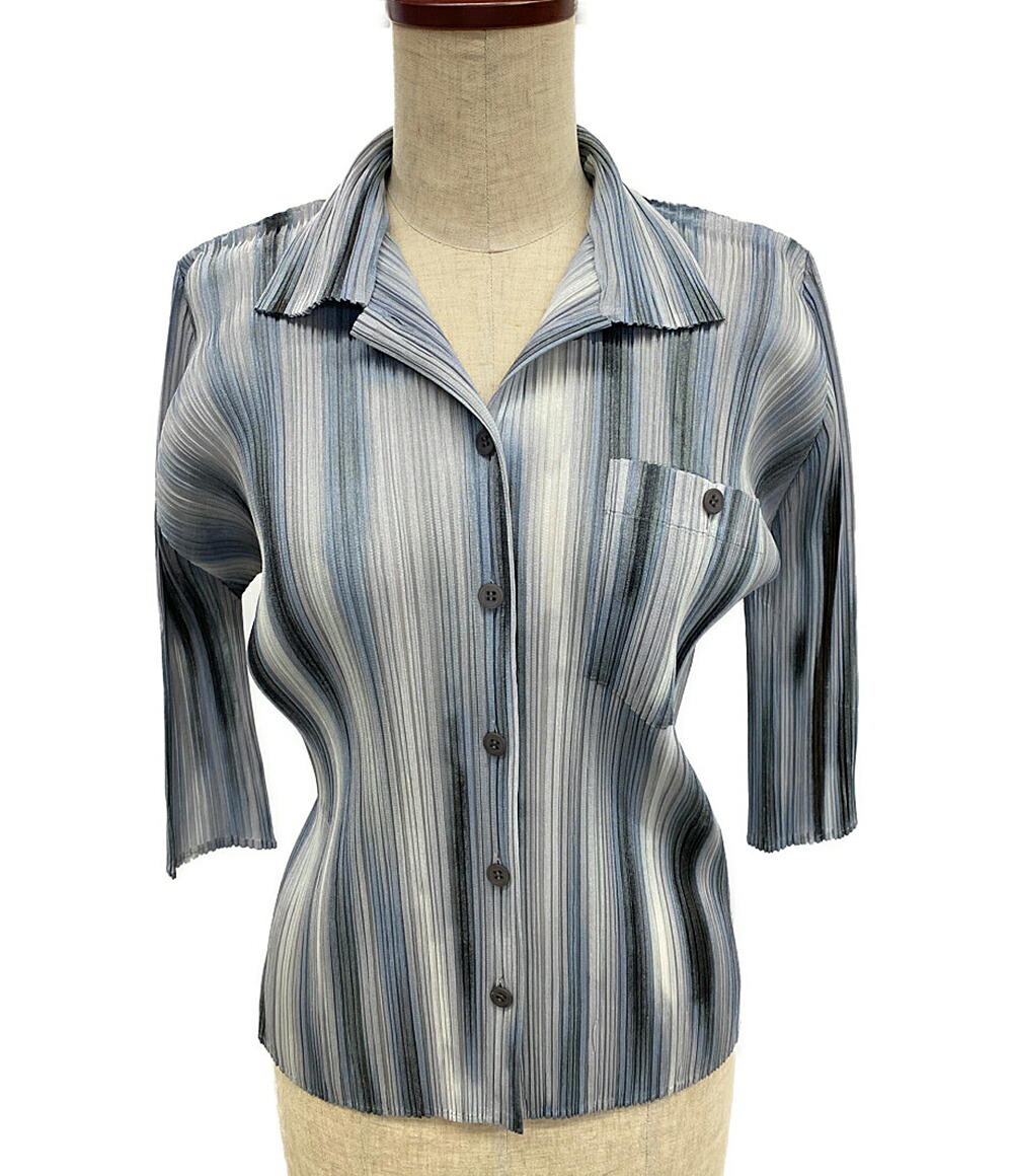 【中古】美品 プリーツプリーズ 七分袖シャツ グレー グラデーション PP51-JJ643 レディース SIZE 3 PLEATS PLEASE｜Rehello by BOOKOFF