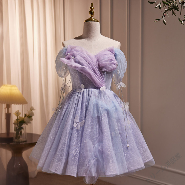 パープルミニ丈ミニドレスウエディングドレスオフショルダーショート丈花柄二次会ドレスパーティードレスワンピースカラードレス二次会掻きならす会交歓会華燭の典告げ知らせる会忘年会大きさ購入注文無料