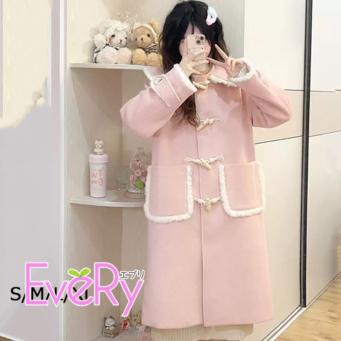 ステンカラーコートロリータ冬服羊毛混レディースジャケットミディアムコートロリータコートロリータアウタートップス小っちゃい好いたらしい教え子通学通い着痩せうしろ帯長袖秋冬御召しものゴスロリ朦々たる寒さ打つ手オシャレふんわり心地好いサクラ色S~XLzbwd