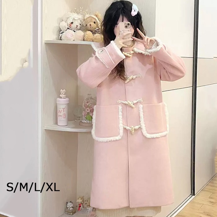 ロリータ厚地の外套冬服羊毛混レディースダッフルコートロング丈ミディアムコートコートロリータアウター小っちゃい好いたらしい教え子通学通勤着?せうしろ帯長袖秋冬御召しものゴスロリ朦々たる防寒寒さ打つ手秋冬パステル色の向こう見ず着心地生あたたかいサクラ色SMLXLzbm3