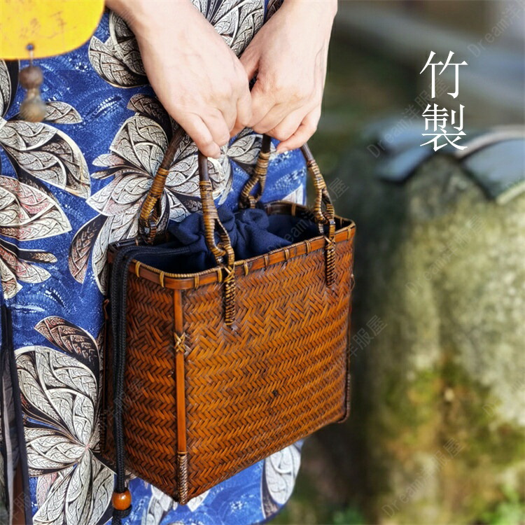 竹製 大 22*20cm 竹かご ハンドバッグ　トートバッグ　竹バッグ かごバッグ カゴバッグ かご 和風バッグ 買い物 おでかけ浴衣 レトロモダン 夏祭り 花火 天然素材 大人 かわいい 夏 カゴバッグ プレゼント ギフト 母の日 バッグ 　巾着｜Hug Select