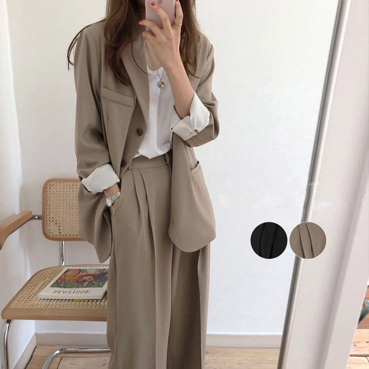 スーツ パンツ レディース パンツスーツ ワイドパンツ セミロング丈 ジャケット 黒 卒園式 卒業式 入学式 OL オフフィス 韓国｜Hug Select