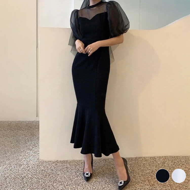 ドレス レディース 韓国 ロング ロングドレス マーメイド タイト ロング丈 セクシー チュール オーガンジー パフスリーブ おしゃれ エレガント 上品 ホワイト 白 ブラック 黒|Hug Select