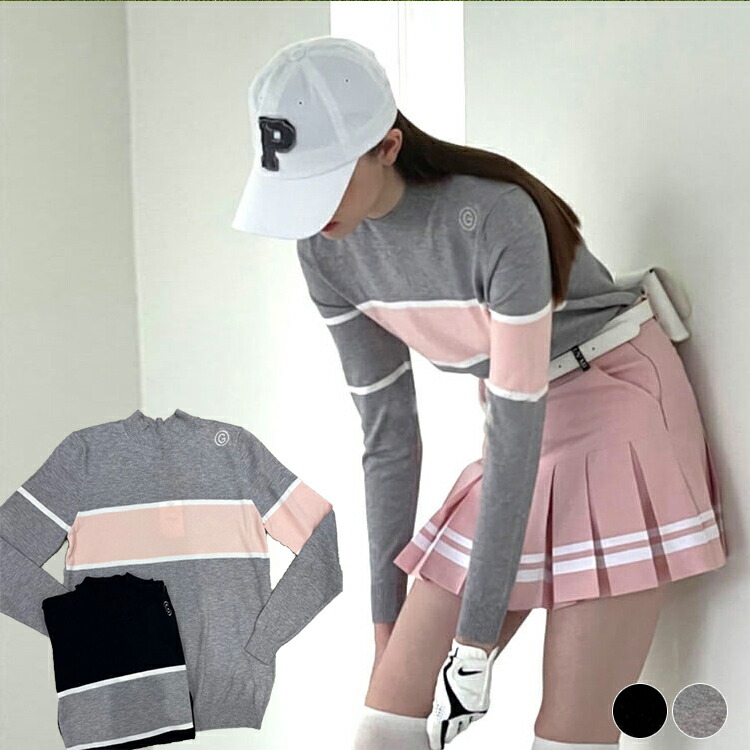 ゴルフウェア レディース 韓国 ニット セーター トップス ゴルフウエア ゴルフ ウエア バイカラー ハイネック かわいい 秋 冬 秋冬 カジュアル おしゃれ 配色 ライン ブラック グレー ピンク｜Hug Select