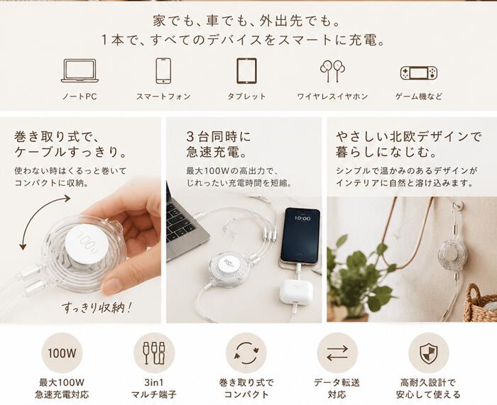 車用 3in1 巻き取り式 急速充電ケーブル usb type-c マルチケーブル
