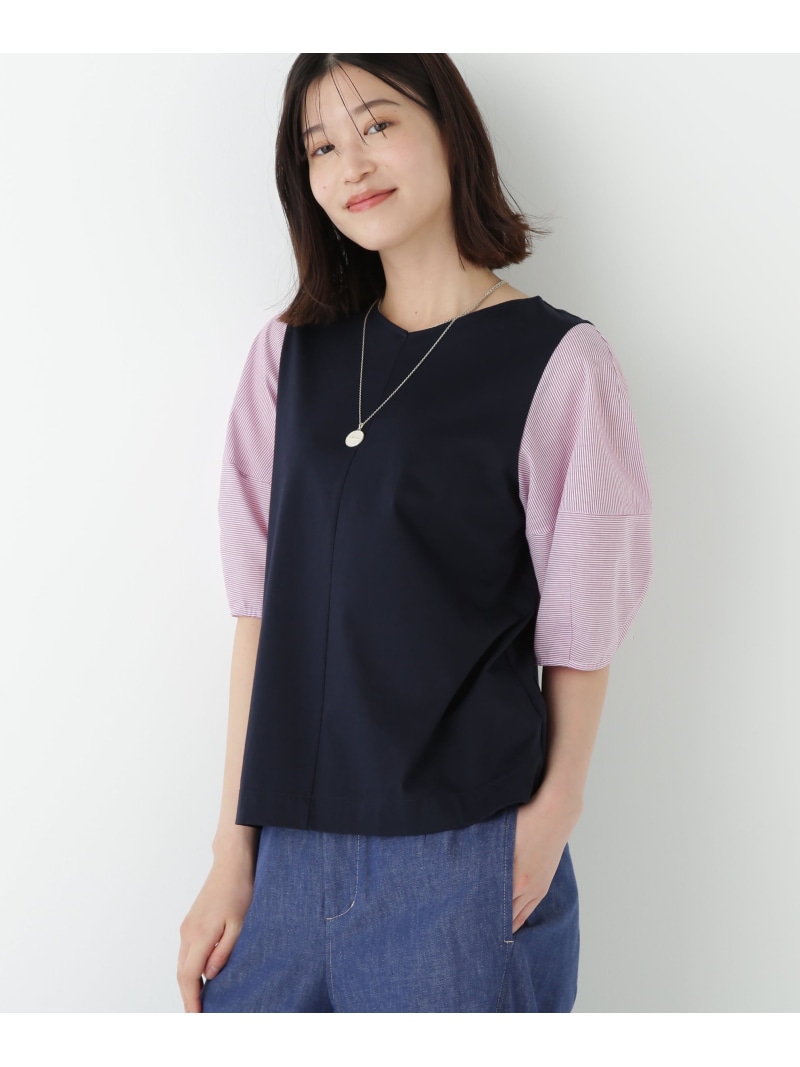 【SALE／32%OFF】◆シアーストライプドッキングVネックカットソープルオーバー human woman ヒューマン ウーマン トップス カットソー・Tシャツ グレー ネイビー【RBA_E】【送料無料】[ Fashion]