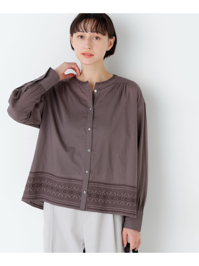 【SALE／30%OFF】《洗える》インド刺繍ノーカラーブラウス human woman ヒューマン ウーマン トップス シャツ・ブラウス ホワイト ブラウン【RBA_E】【送料無料】[ Fashion]｜human woman／ヒューマン ウーマン
