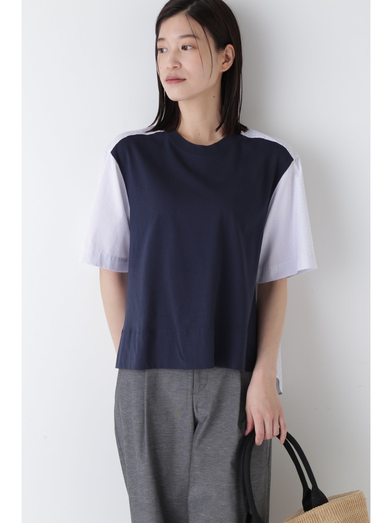【SALE／30%OFF】◆ストライプ布帛コンビTシャツ human woman ヒューマン ウーマン トップス カットソー・Tシャツ ホワイト ネイビー【RBA_E】【送料無料】[ Fashion]