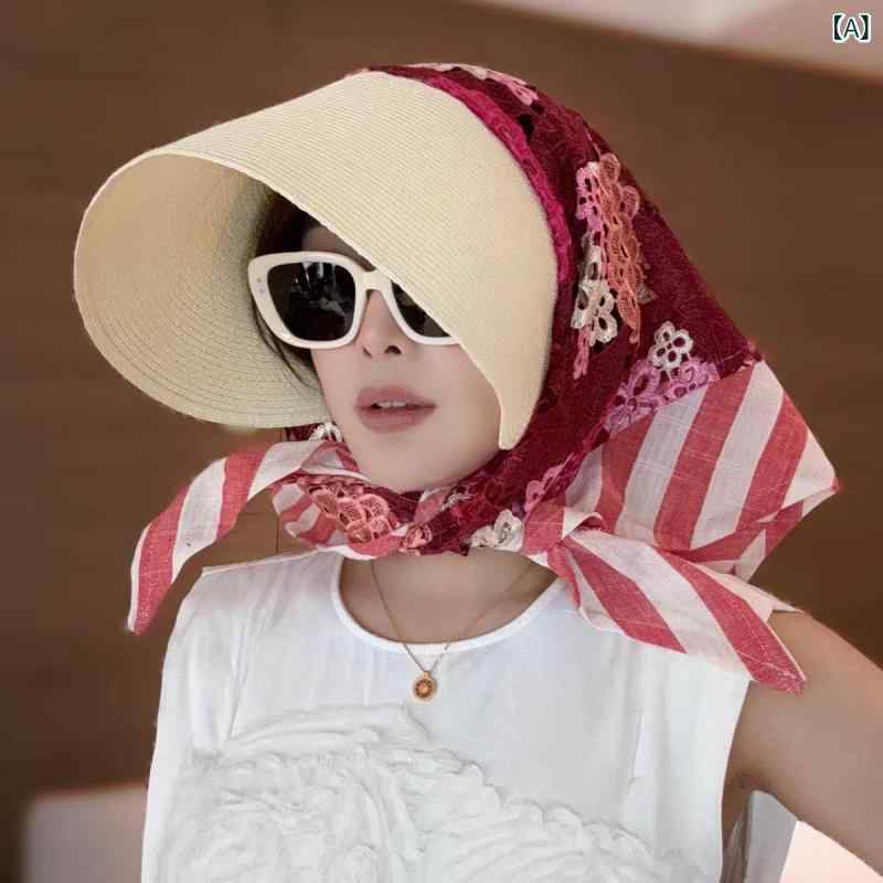 帽子 リゾート風 麻素材 刺繍 ヘッドスカーフ ワイドブリム ショール カバー 夏用 軽量 通気性 ビーチ バカンス スタイル UVカット 機能