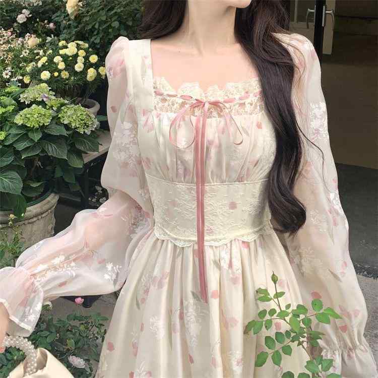 ワンピース レディース 秋冬 フランス風 スクエアネック ロング丈 花柄プリント シフォン素材 収腰 スリムシルエット 長袖 トップス ドレス 普段使い 軽量 伸縮性x2