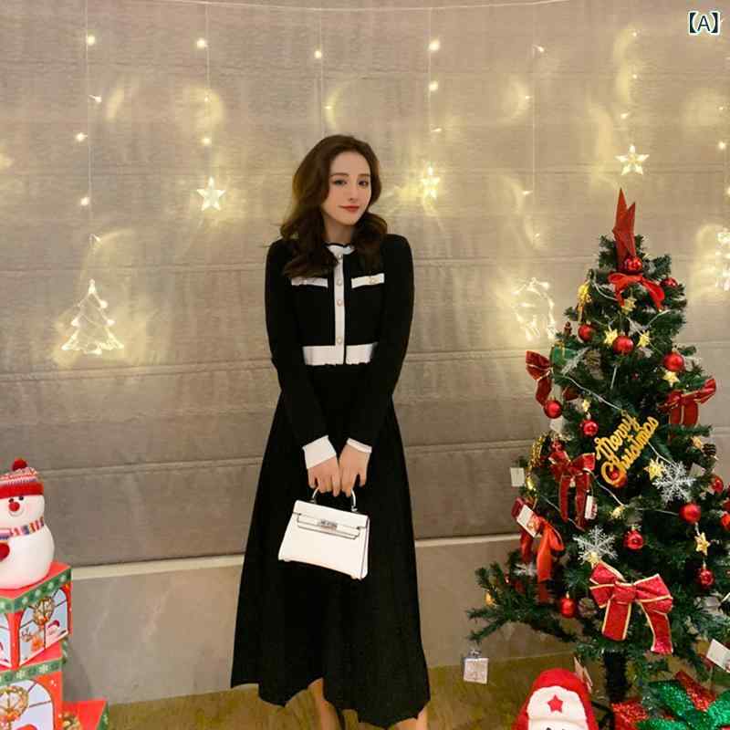 ワンピース レディース ニット ハイウエスト Aライン 膝下丈 ロング 秋冬 高級感 エレガント スタイリッシュ 女性用 伸縮性 通勤 普段使い
