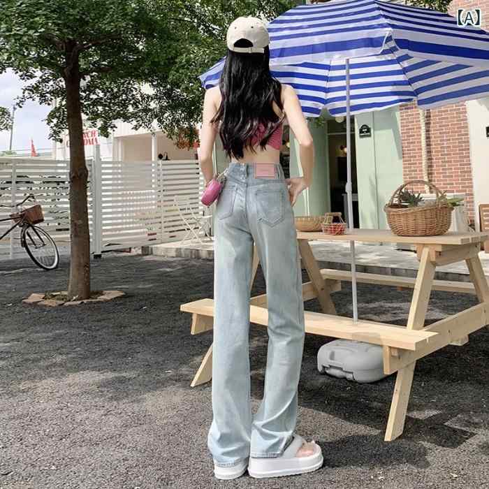 デニムパンツ レディース ライトブルー ゆったり ストレート ハイウエスト スリム ワイドレッグ 性 ドレープ感 合わせやすい カジュアル 普段使い デニム素材 快適 シルエット｜新風堂
