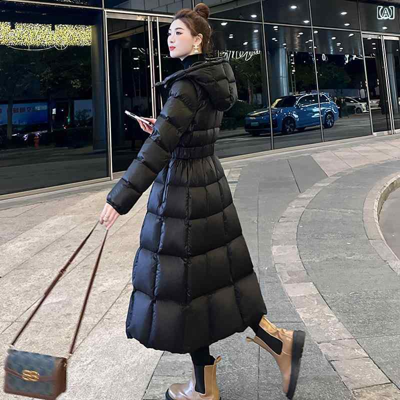 落ち込む厚地の外套 レディース ロング丈 冬用 収腰 か細い影ぼうし 保温 朦朦たる ホワイトダックダウン 御膳上等感 生あたたかい アウター 防寒 軽さ