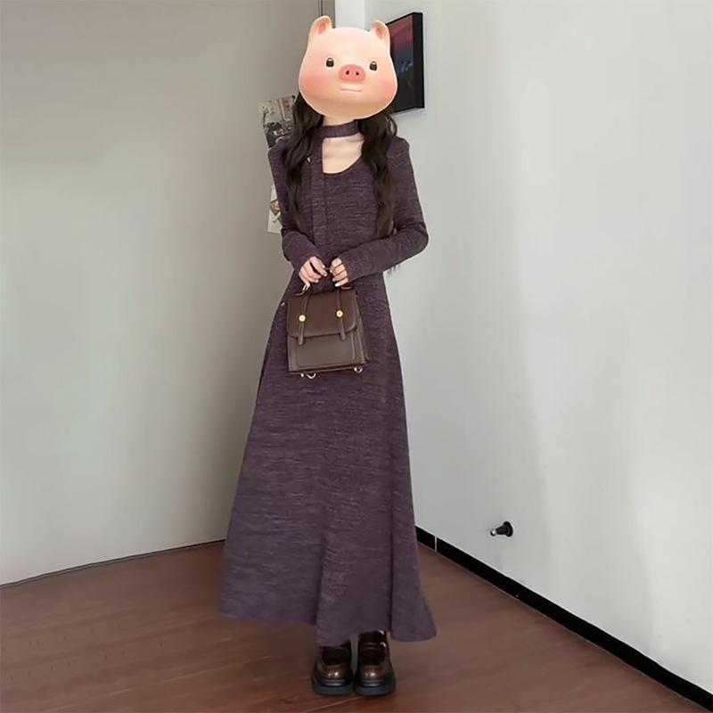 衣装 レディース 紫 Vのど首 編み物 フレンチ表現スタイル 春 ロング丈 伸縮性 優しいこと 軽さ 普段使い走り トップス お召しもの