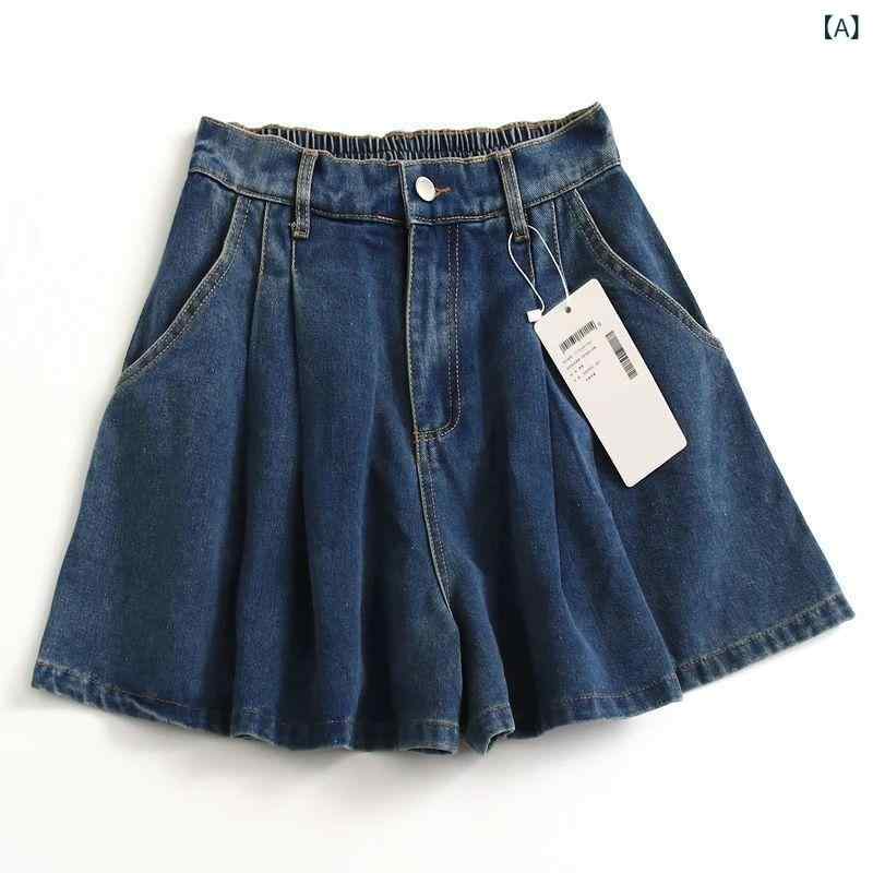 レディース デニム スカートパンツ ハイウエスト プリーツ Aライン ショート丈 ブルー 春夏 カジュアル 普段使い 伸縮性 軽量 吸湿速乾 スリム