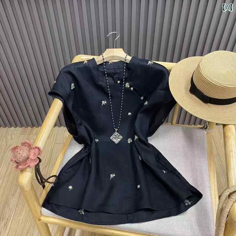 ブラウス レディース ノースリーブ 中国風 刺繍 斜め襟 立襟 麻 通気性 吸湿性 レトロ アーティスティック コーディネート 盤扣 カジュアル 普段使いx2|新風堂