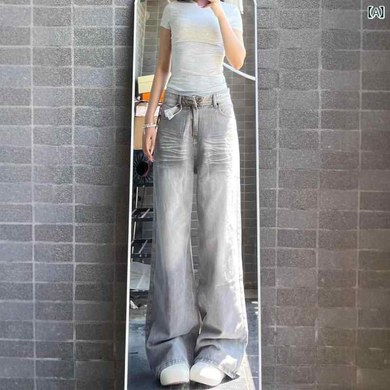 レディース デニムパンツ ハイウエスト ワイドレッグ ストレート ロング丈 グレー モカカラー 秋用 ゆったり 水洗い加工 スリム見せ コーディネートしやすい デニム素材 カジュアル 普段使いx2