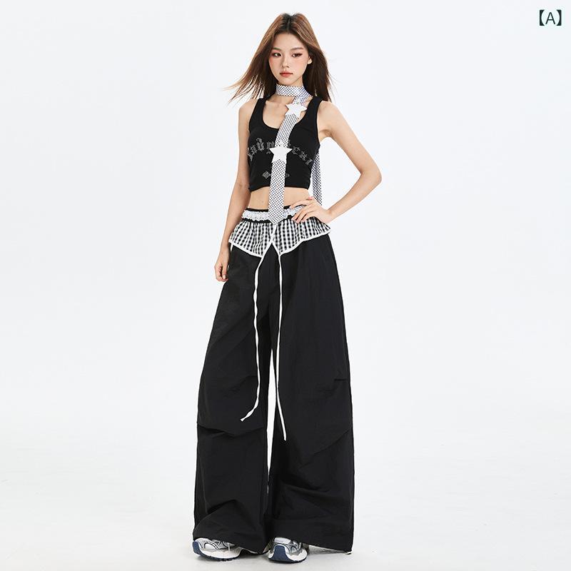 パンツ レディース ワイドレッグ レース 切り替え チェック柄 春夏 カジュアル 速乾 プリーツ 普段使い 軽量 伸縮性