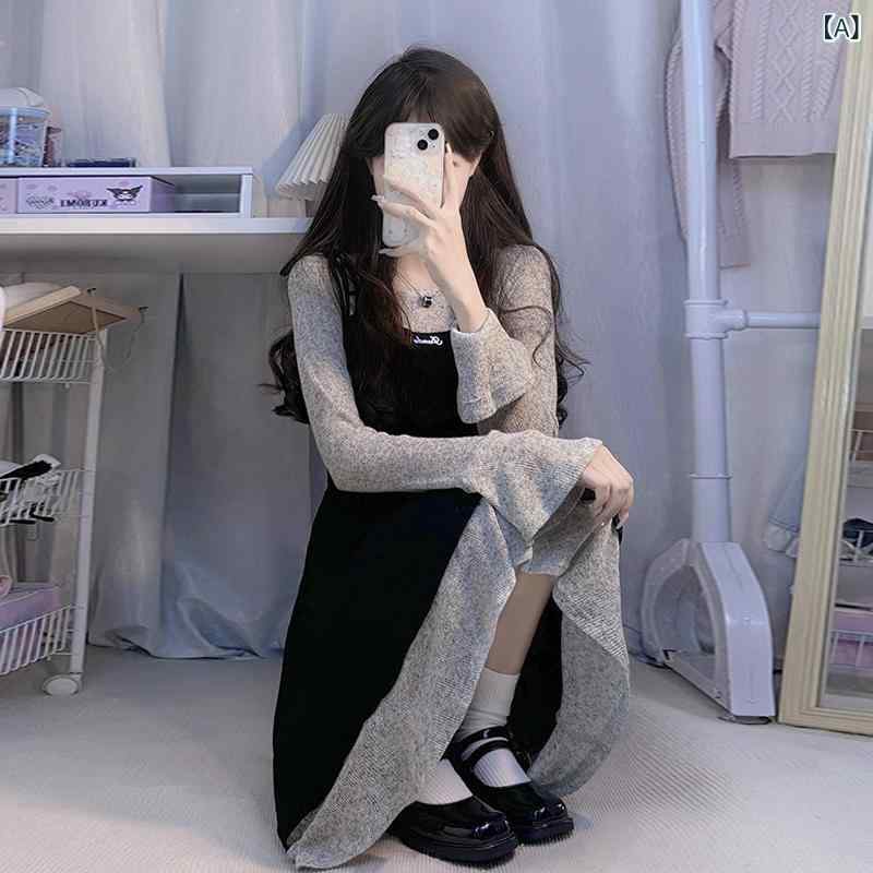レディース ワンピース フレアスリーブ フェイクツーピース フレンチスタイル ロングドレス 小柄対応 春秋 エレガント 性 伸縮性 軽量