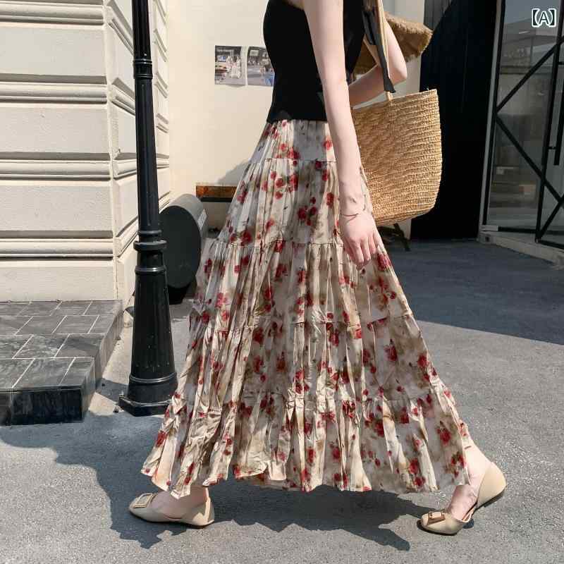 スカート レディース 夏 小花柄 プリーツ ロング Aライン 多層 切り替え フレア ミディ丈 スタイルアップ スリム効果 高見え 軽やか 女性らしい シルエット