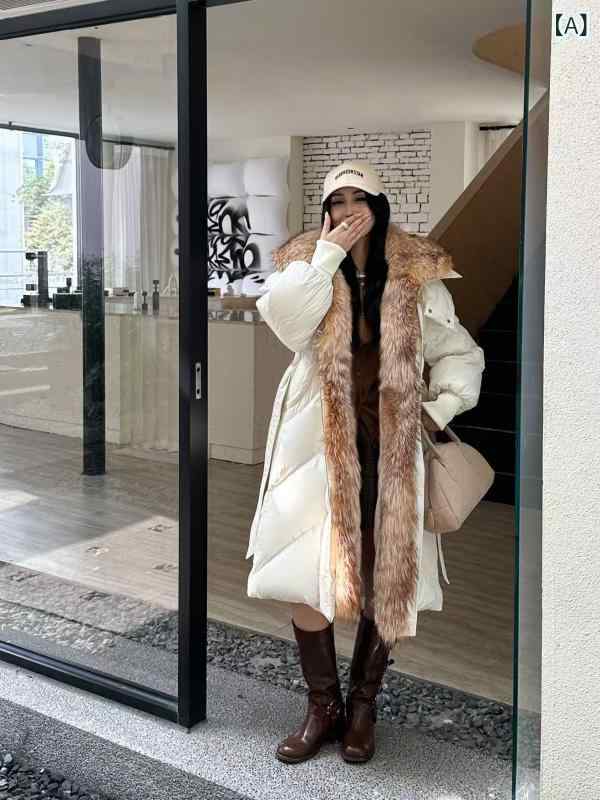 落ちこむ上衣 レディース 秋冬 朦々たる 保温 ボンネット付き添い人 ロング丈 グースダウン 狐毛領 情の籠もった 軽さ 防寒 ロング厚地の外套 表現スタイル