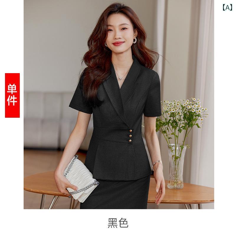 レディース 春夏 スリムフィット 半袖 ジャケット セット オフィス 通勤用 事務員 仕事着 女性用 ファッション 職業服 軽量 伸縮性