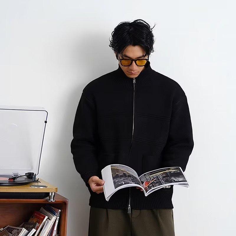 カーディガン メンズ ゆったり フィット スタンドカラー シンプル 高級感 カジュアル ストリート ニット ジャケット 春秋 普段使い アウター