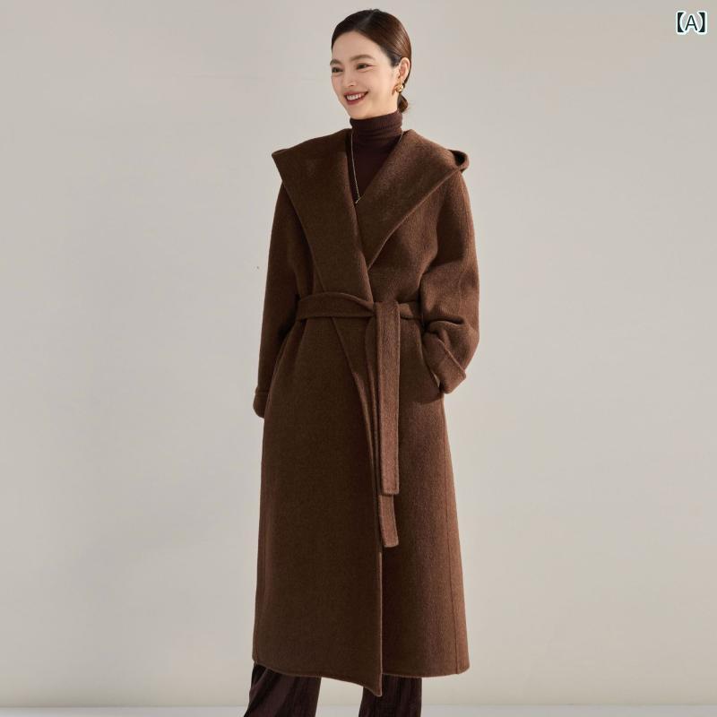 冬 ロングコート 高級感 シルク ウール フード付き ダブルフェイス 暖か アウター ソフト素材 軽やか スタイリッシュ 防風 日常使い|新風堂