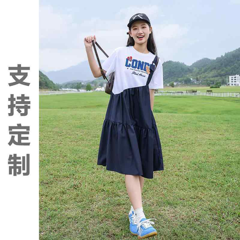 ワンピース 少女用 夏 サスペンダー ゆったり 学院風 フェイクツーピース 体型カバー 着痩せ スクールスタイル カジュアル｜新風堂