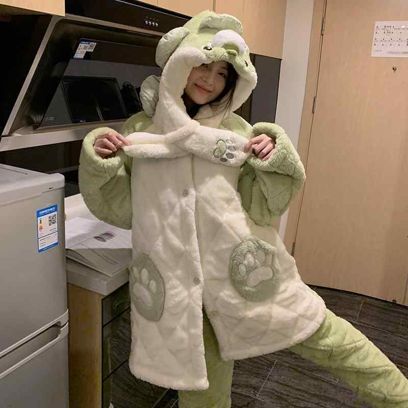 パジャマ仕掛ける 秋冬 赤珊瑚フリース 三層綿入り口・入口 草片犬柄 朦々たる 生あたたかい お部屋着 吸湿速乾 パステル色の原料品 ゆったり影ぼうし